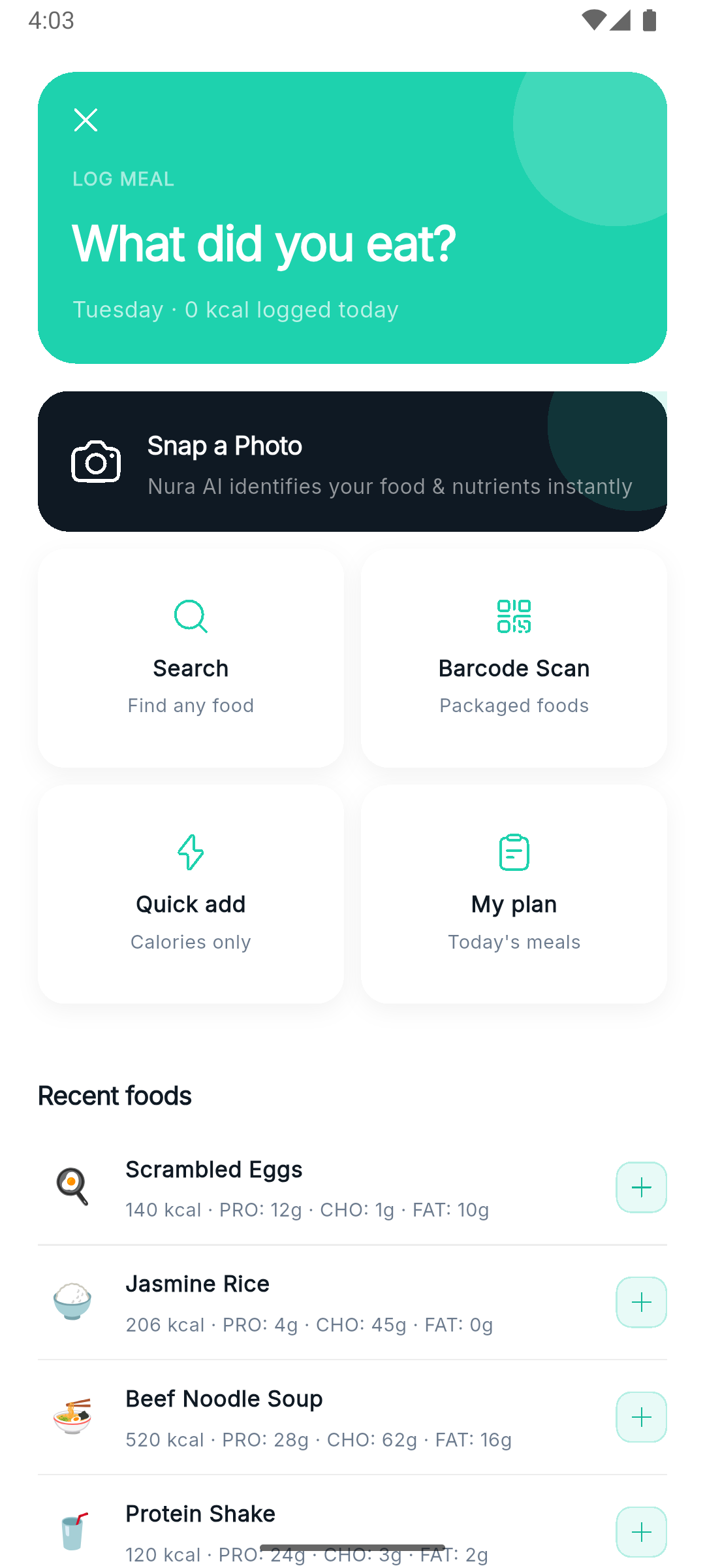 Log meal screen