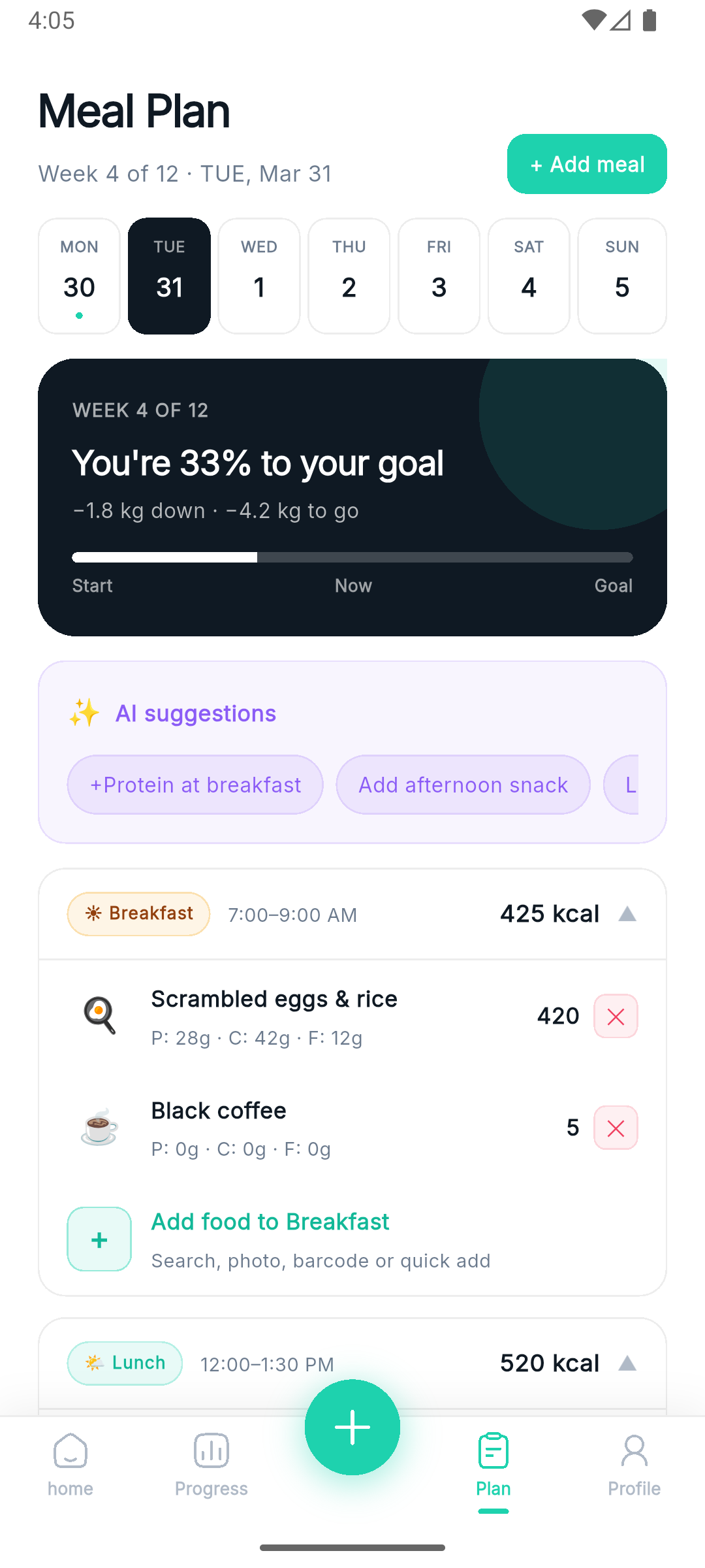 Meal plan screen showing Week 4 of 12