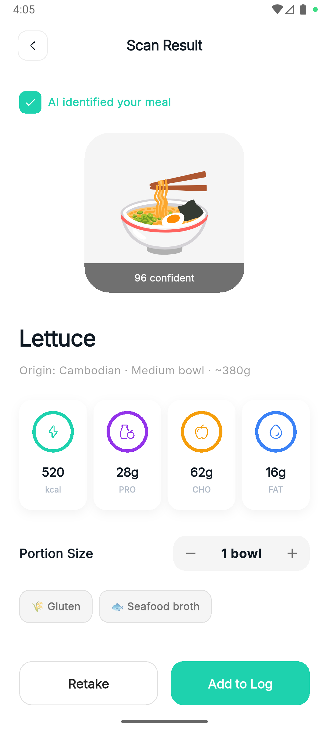 AI scan result showing meal nutrition